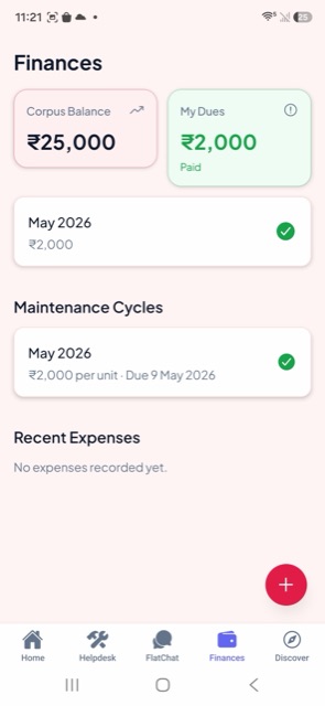 Flatment finances screen with corpus balance and maintenance cycles