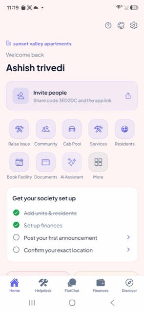 Flatment home screen with quick actions and society setup checklist